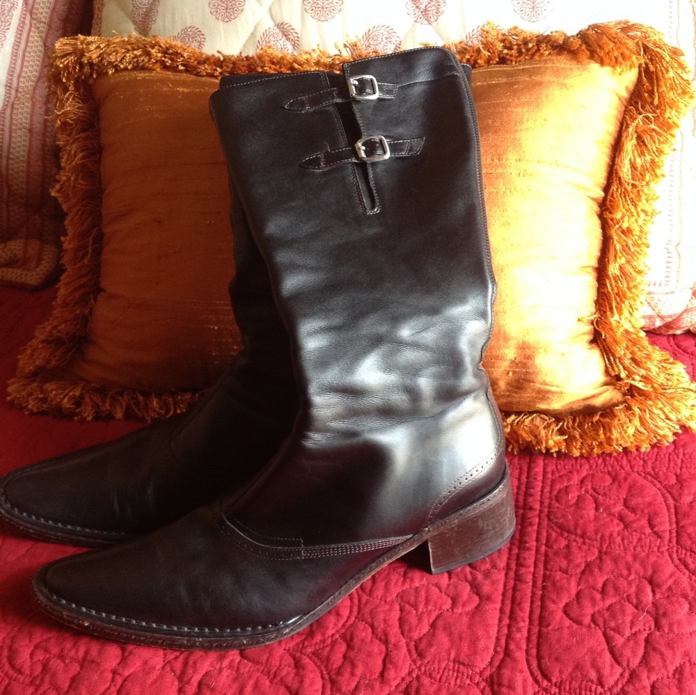 Italian Mid Calf Black Leather Zip Buckle Boot